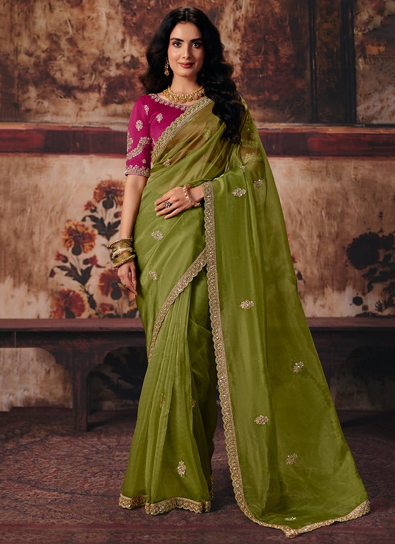 Green Organza Zari Sequins Beads Embroidered Saree After Six Wear