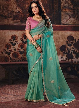 Green Organza Zari Sequins Beads Embroidered Saree