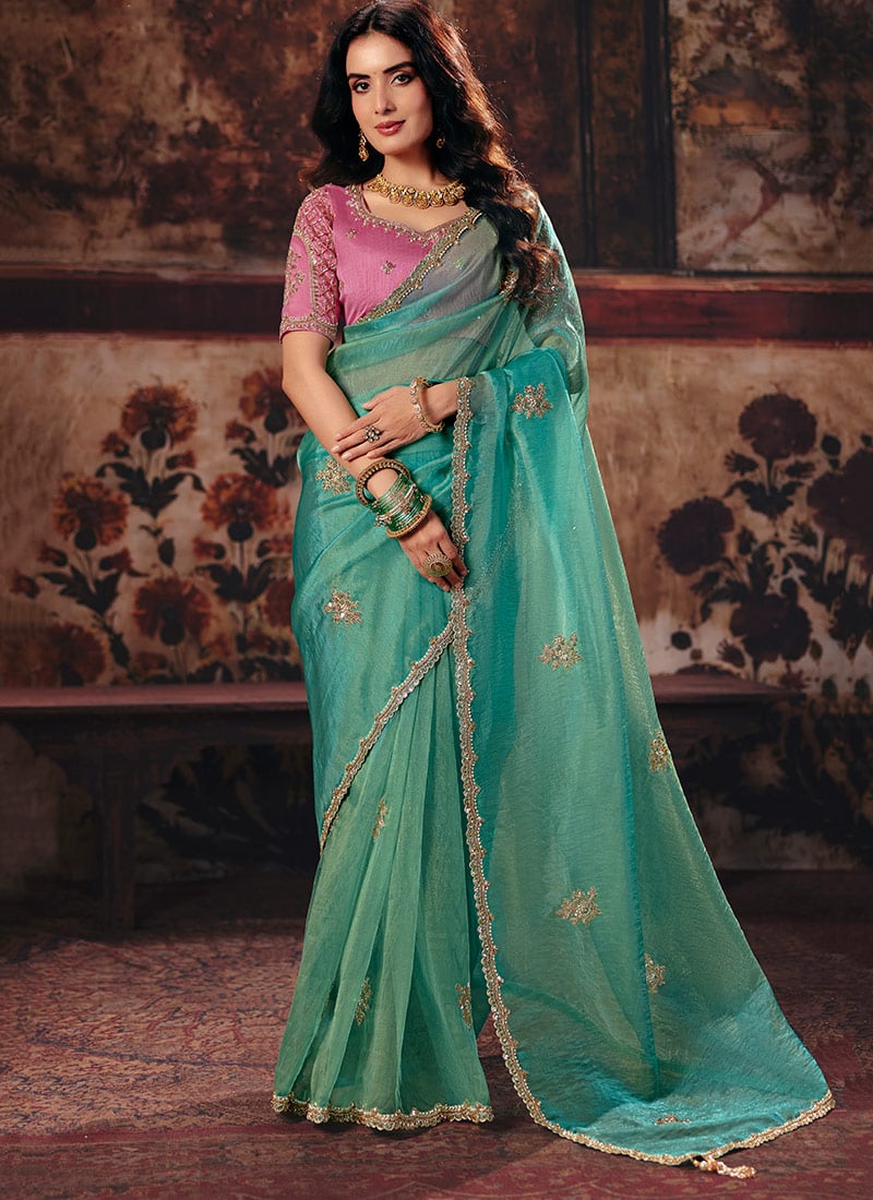 Green Organza Zari Sequins Beads Embroidered Saree After Six Wear
