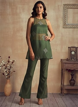 Green Organza Zari Sequins Cutdana Hand Embroidered Fusion Suit