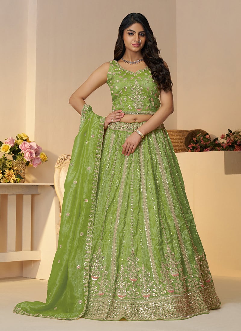 Green Organza Zari Sequins Embroidered Beads Lehenga