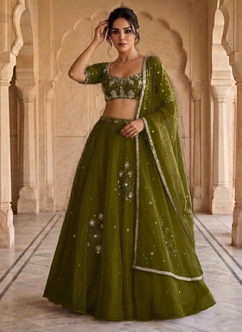 Green Organza Zari Sequins Hand Embroidered Cut Dana Lehenga Wedding Wear