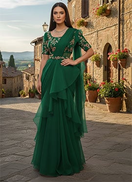 Green Organza Zari Sequins Hand Embroidered Cutdana Lehenga Saree