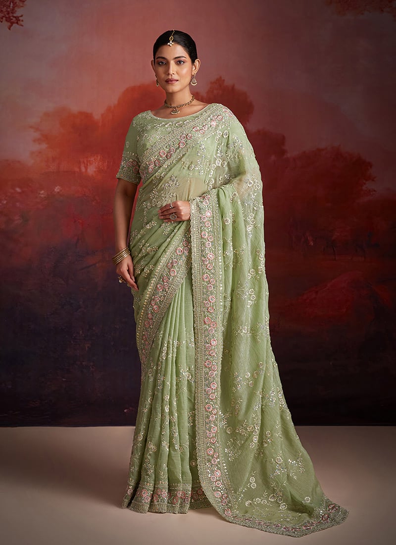 Green Organza Zarkan Thread Work Embroidered Sequins Saree For Elegance Wedding Wear