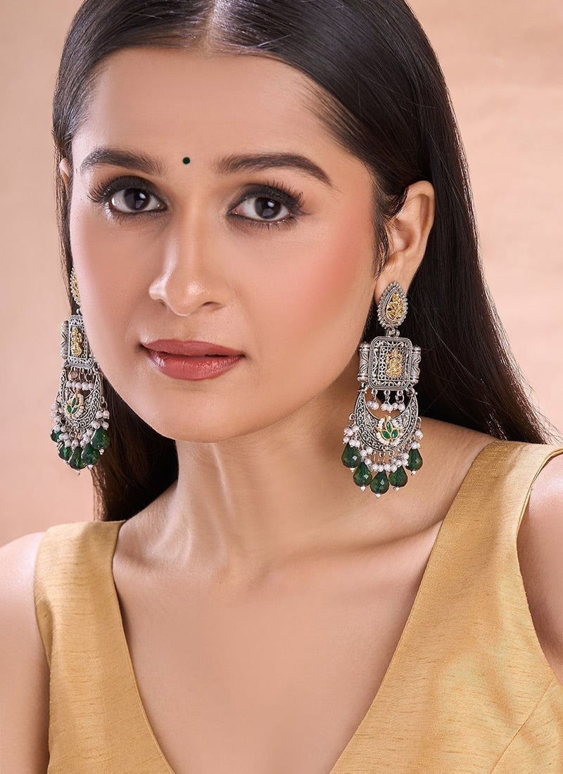 Green Oxidised Kundan With Beads And Moti Chandeliers Festive Wear