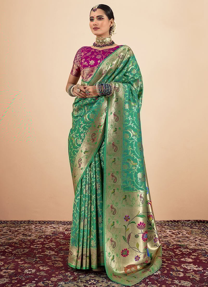 Green Paithani Silk Hand Painted Zari Woven Saree Festive Wear