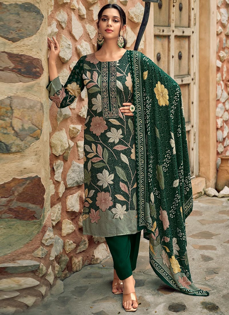 Green Pashmina Digital Print Embroidered Straight Pant Suit After Six Wear