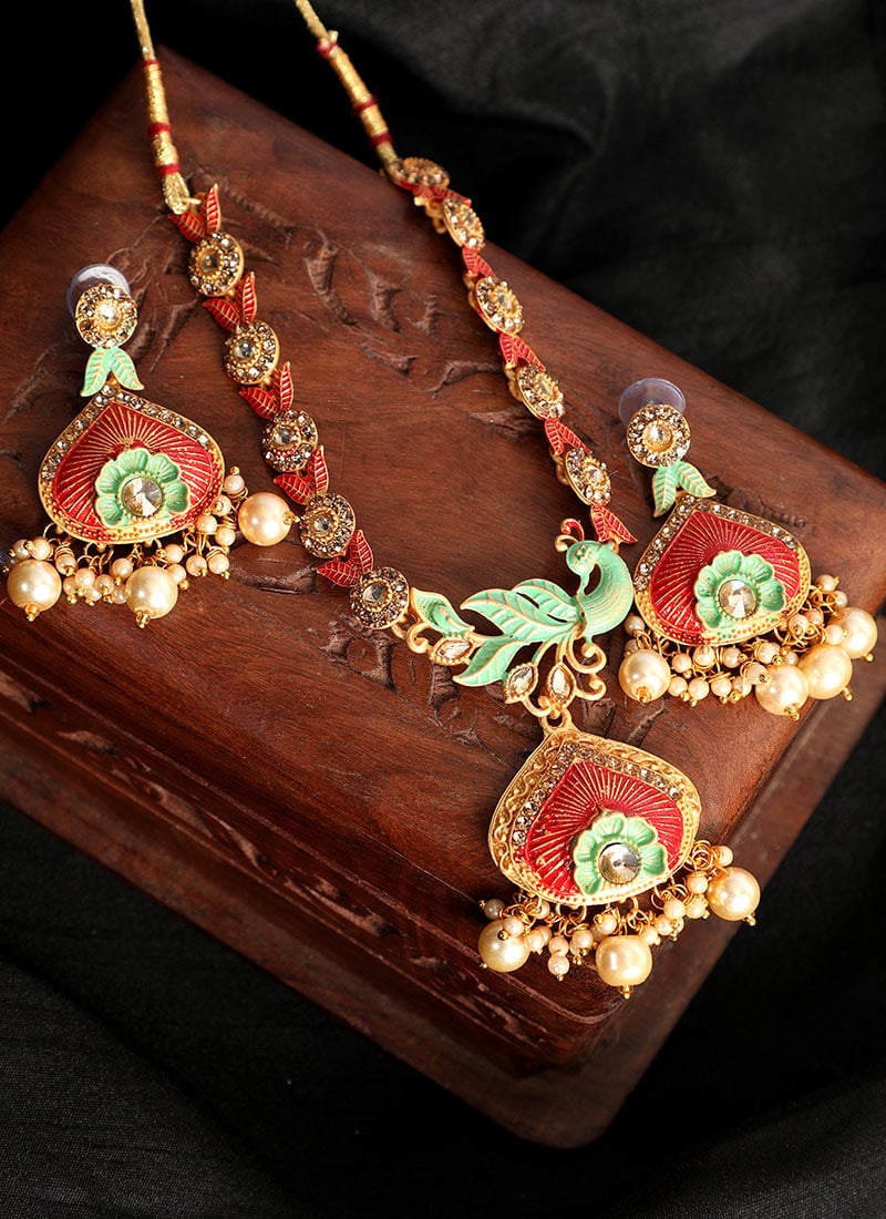 Green Peacock Meenakari Pendant Gold Plated Long Necklace Set