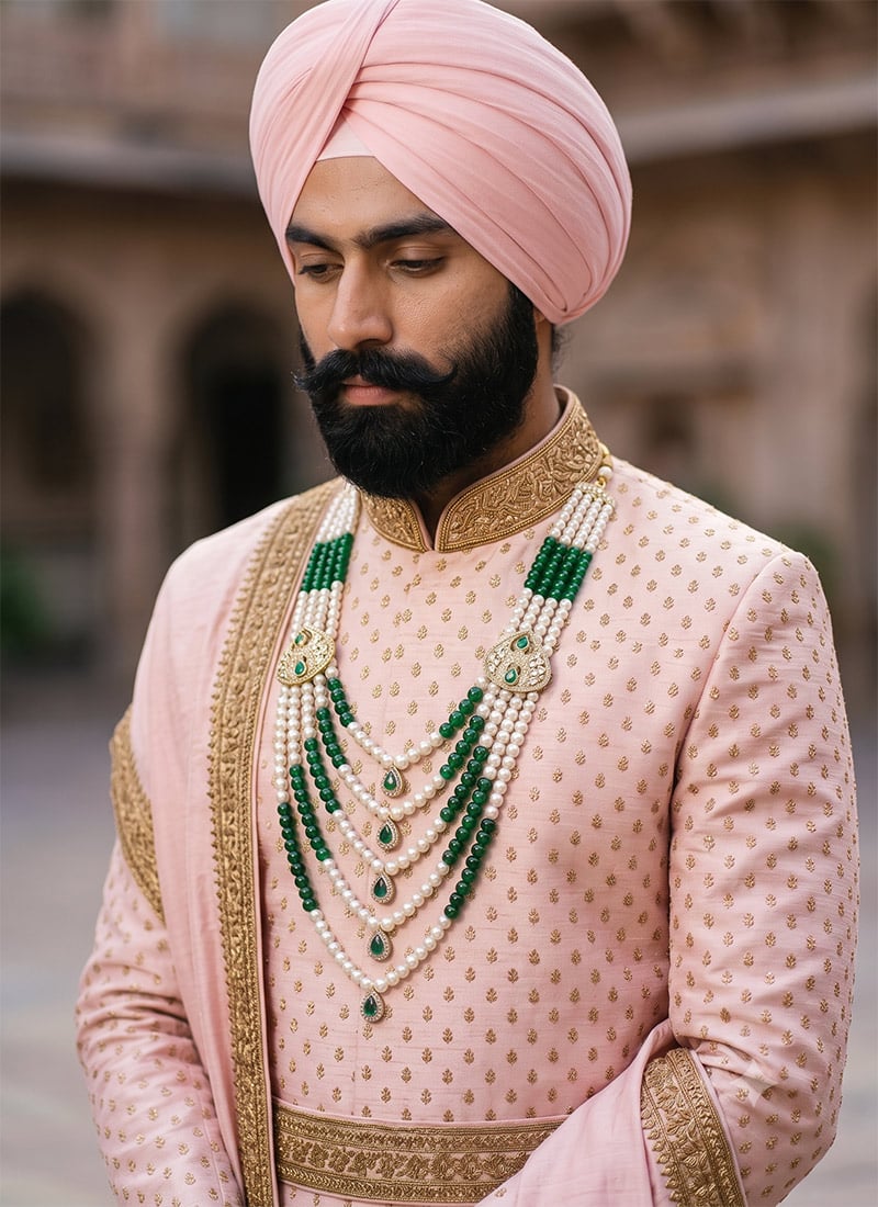 Green Pearl Cascading Layered Mens Mala