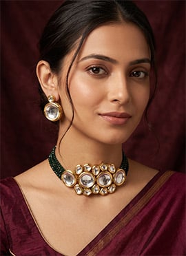 Green Pearl Studded Kundan Choker Necklace Set