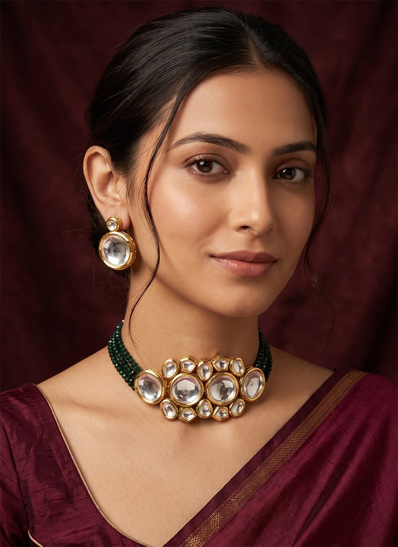 Green Pearl Studded Kundan Choker Necklace Set After Six Wear