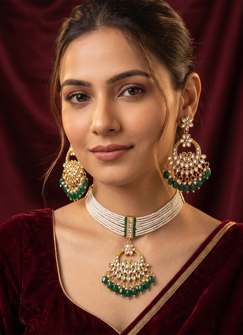 Green Pearl Studded Kundan Choker Set After Six Wear