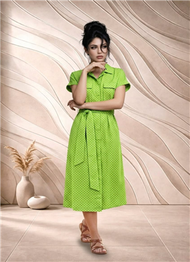 Green Printed Cotton Belted Midi Dress