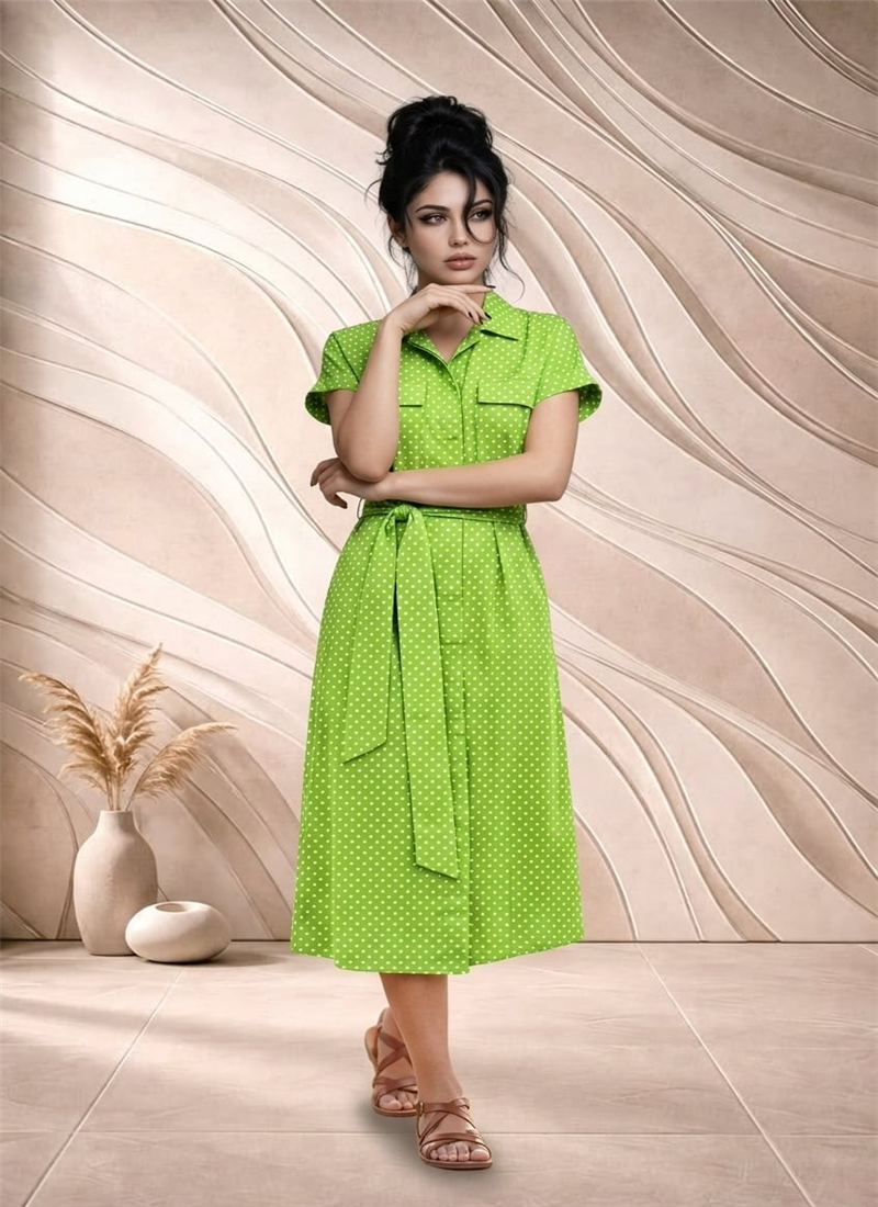 Green Printed Cotton Belted Midi Dress After Six Wear