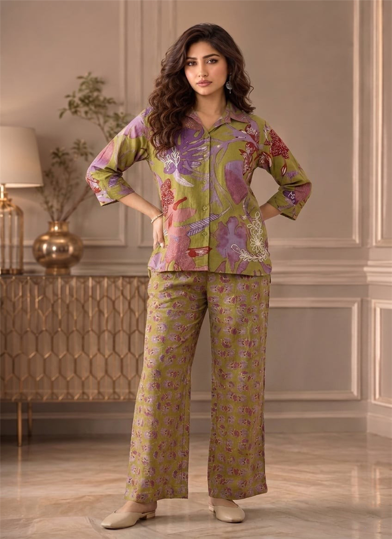 Green Printed Cotton Co Ord Pant Set After Six Wear