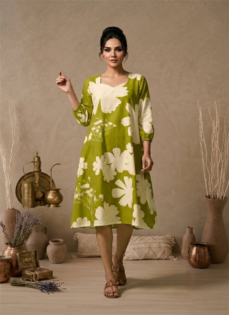 Green Printed Cotton Floral Dress After Six Wear