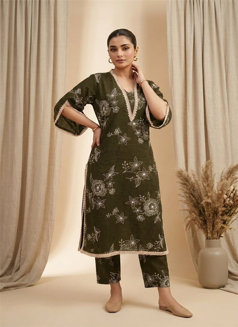 Green Printed Cotton Kurta Set After Six Wear