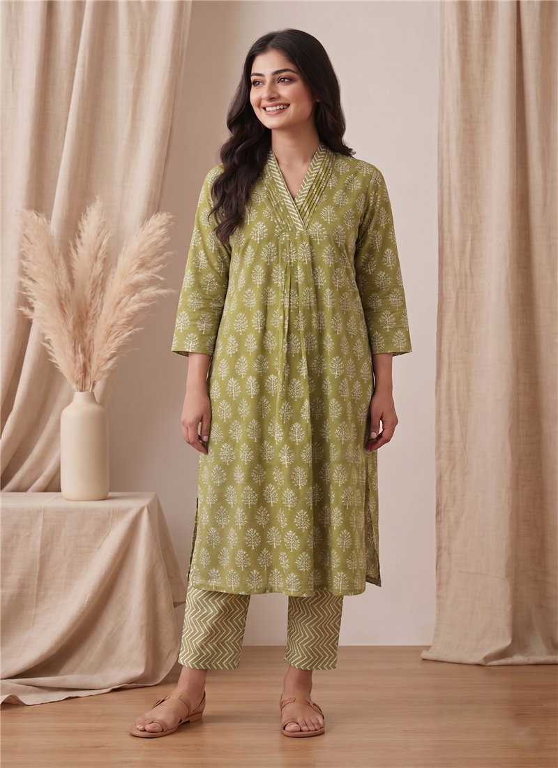 Green Printed Cotton Kurta Set After Six Wear
