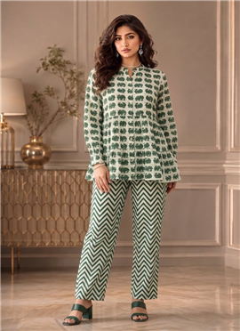 Green Printed Cotton Peplum Top Palazzo Set