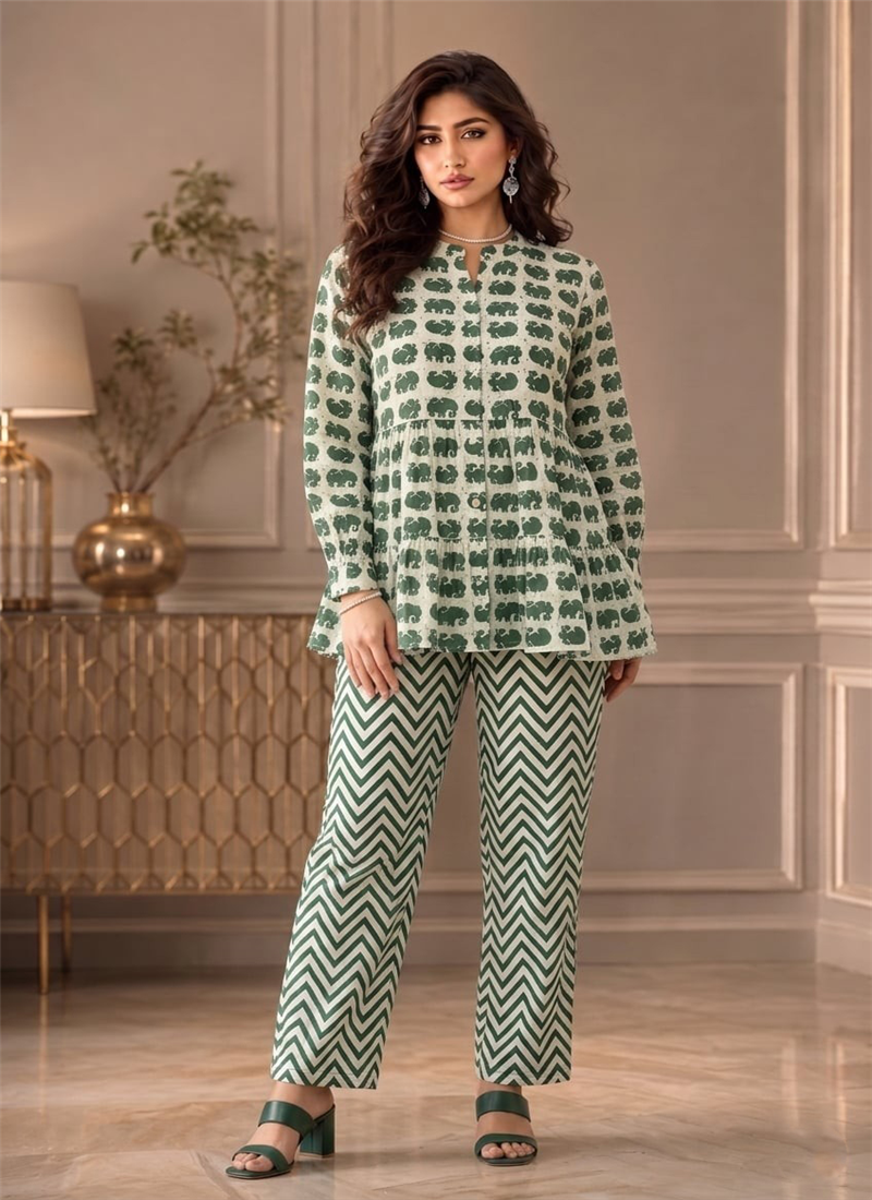 Green Printed Cotton Peplum Top Palazzo Set After Six Wear