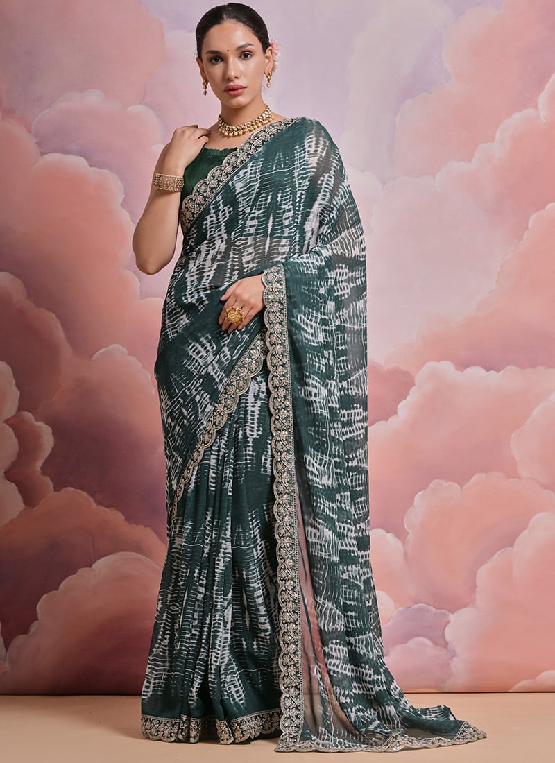 Green Printed Embroidered Sequins Cord Work Faux Georgette Saree After Six Wear