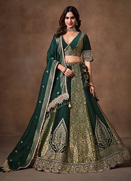 Green Pure Banarasi Silk Embroidered Sequins Stone Work Lehenga
