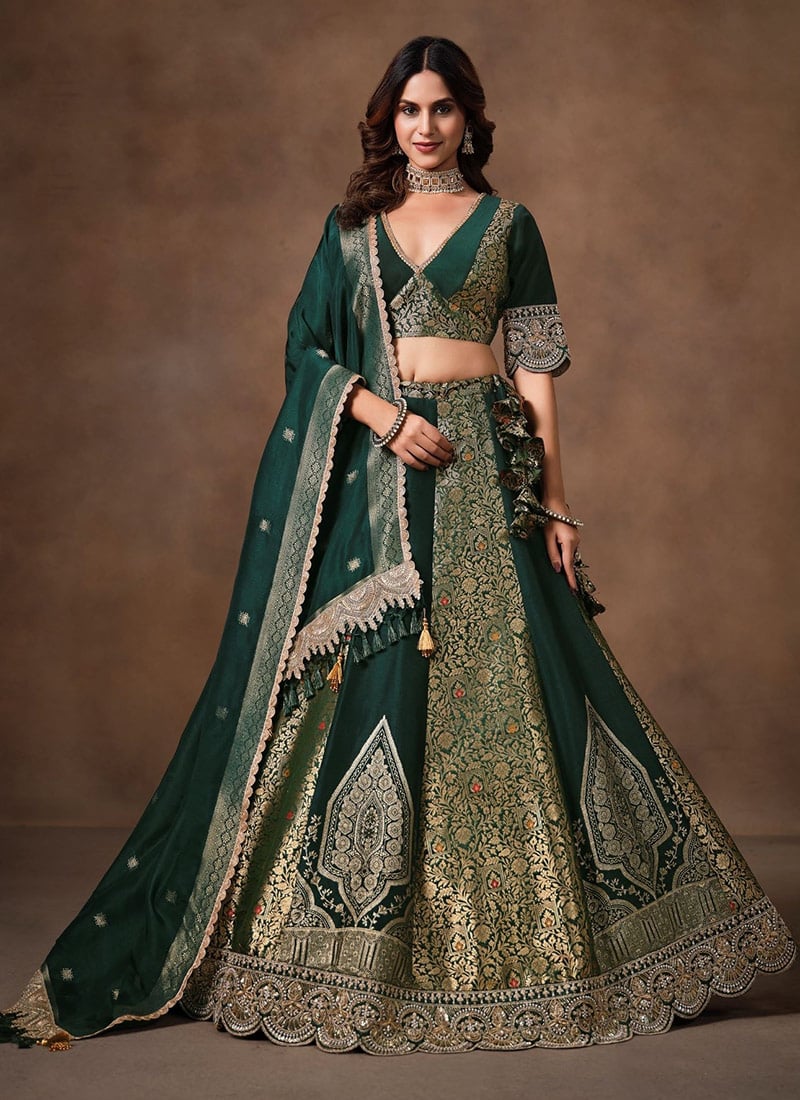 Green Pure Banarasi Silk Embroidered Sequins Stone Work Lehenga After Six Wear