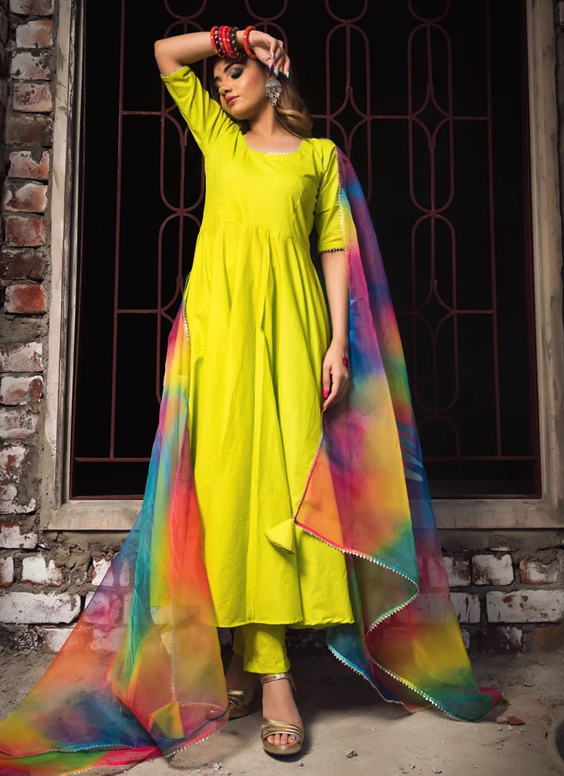 Lime Green Pure Cotton Gota Anarkali Kurta After Six Wear