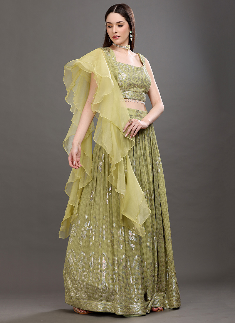 Green Pure Georgette Sequins Embroidered Work A Line Lehenga Choli