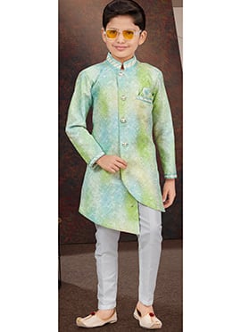 Green Pure Silk Sequins Kids Boys Indowestern Sherwani