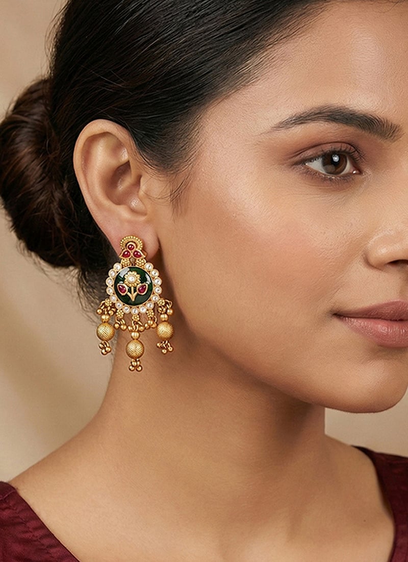 Green Rajwadi Floral Motif Dangler Earrings After Six Wear