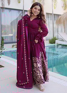 Wine Rangoli Crush Silk Embroidered Sequins Anarkali Suit