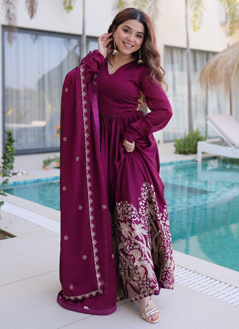 Green Rangoli Crush Silk Embroidered Sequins Anarkali Suit Festive Wear