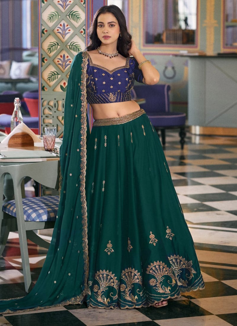 Green Rangoli Silk Embroidered Sequins Lehenga Festive Wear