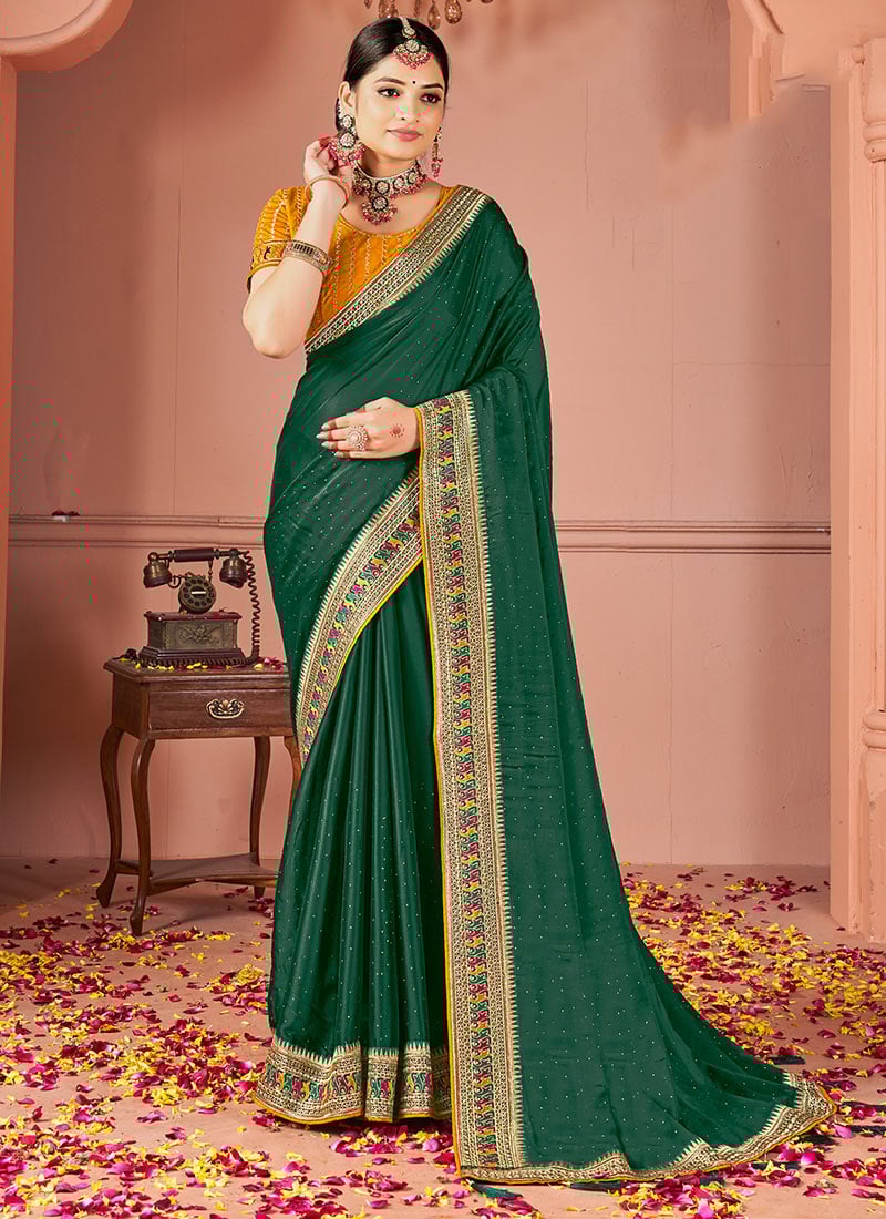 Green Rangoli Silk Embroidered Sequins Zari Saree Festive Wear