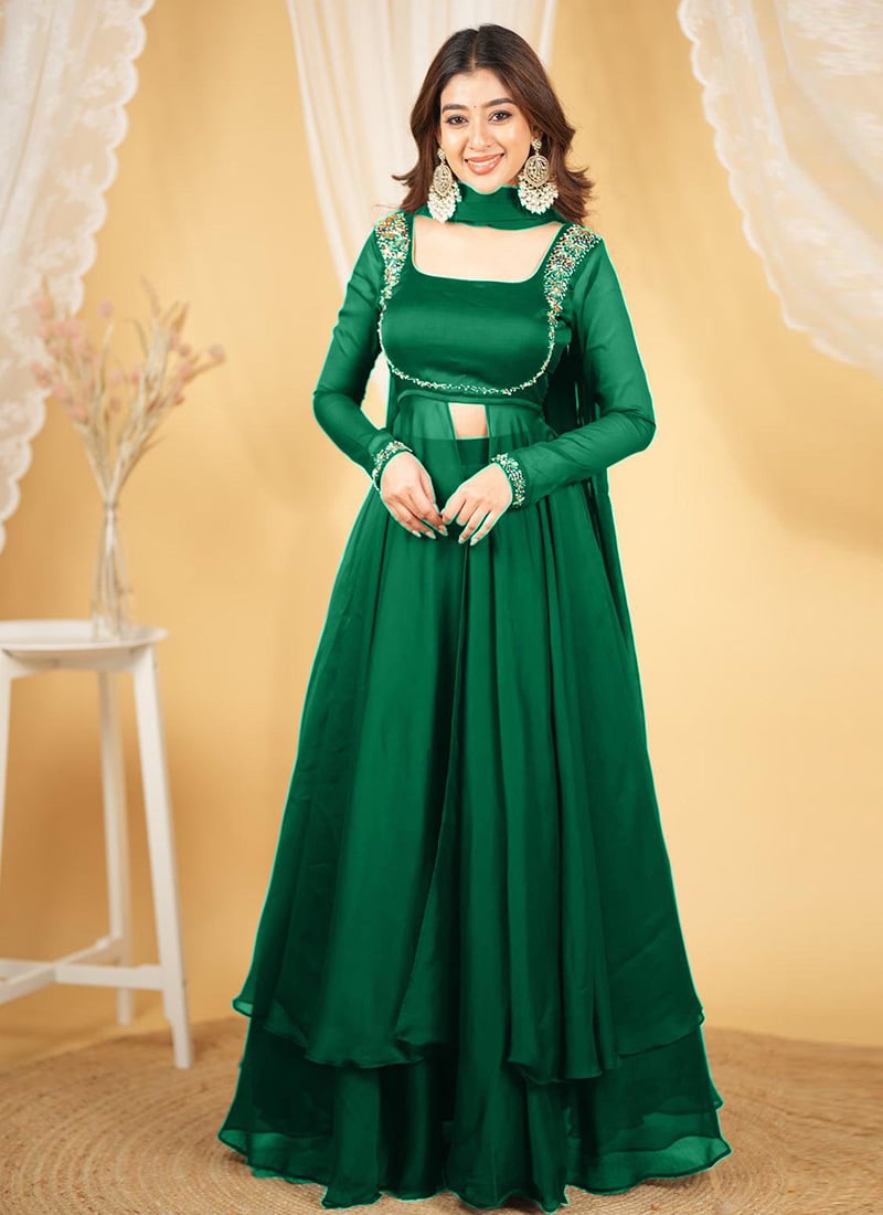 Green Rangoli Silk Lehenga With Sequins And Zardosi Work Anarkali  Festive Wear