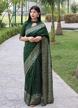 Green Raw Silk Printed Saree