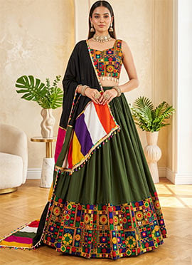 Green Rayon Cotton Mirror Work Embroidered Chaniya Choli For Navratri Diva