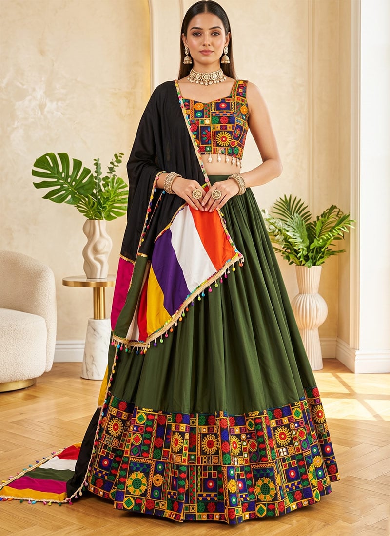 Green Rayon Cotton Mirror Work Embroidered Chaniya Choli For Navratri Diva Festive Wear