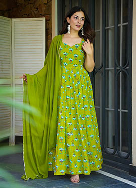 Green Rayon Digital Print Anarkali Suit