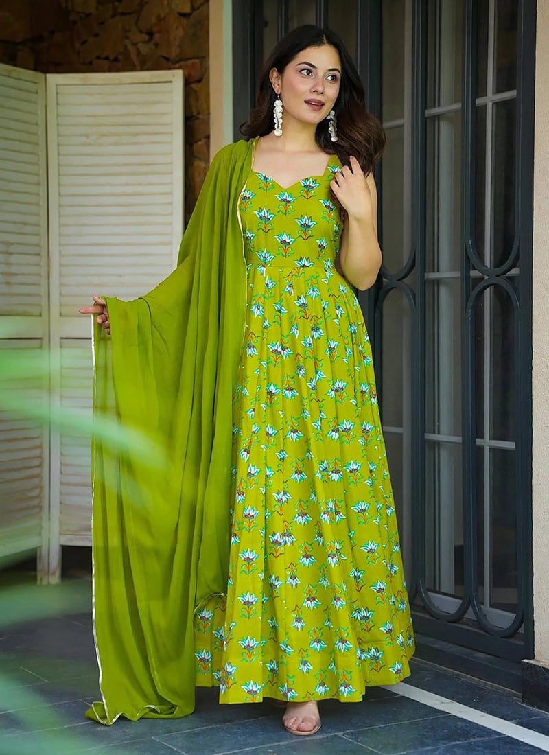 Green Rayon Digital Print Anarkali Suit After Six Wear