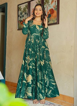 Green Rayon Digital Print Dresses and Gown
