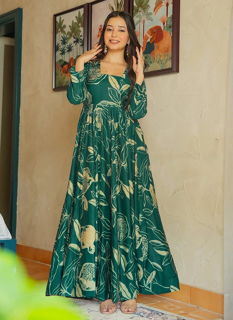 Green Rayon Digital Print Dresses and Gown After Six Wear