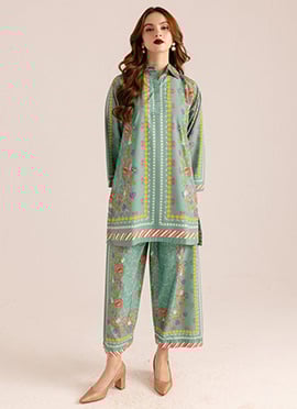 Green Rayon Digital Print Indowestern Co ord Set