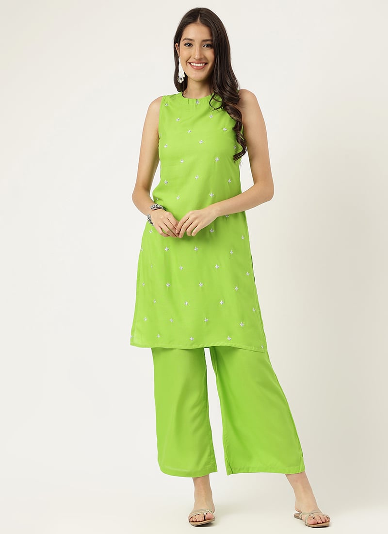 Green Rayon Embroidered Butti Kurta Palazzo Set