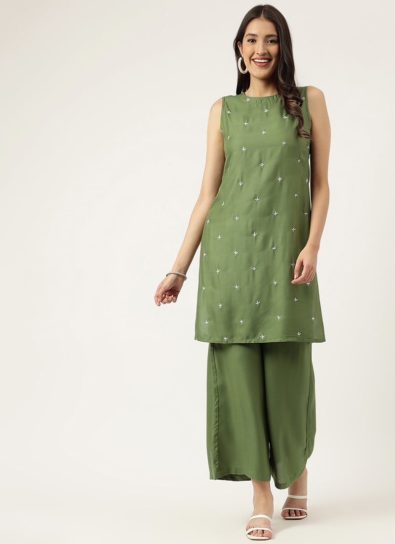 Green Rayon Embroidered Butti Kurta Palazzo Set