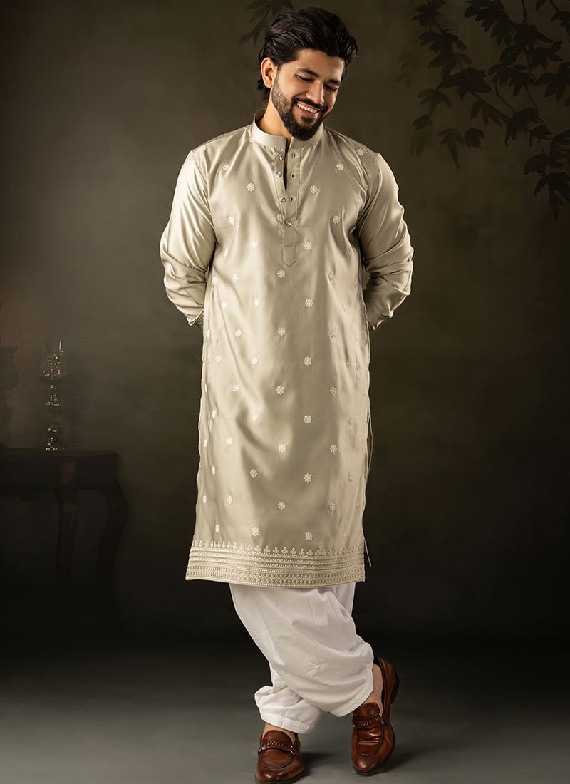 Green Rayon Embroidered Kurta Pyjama For Men Festive Wear
