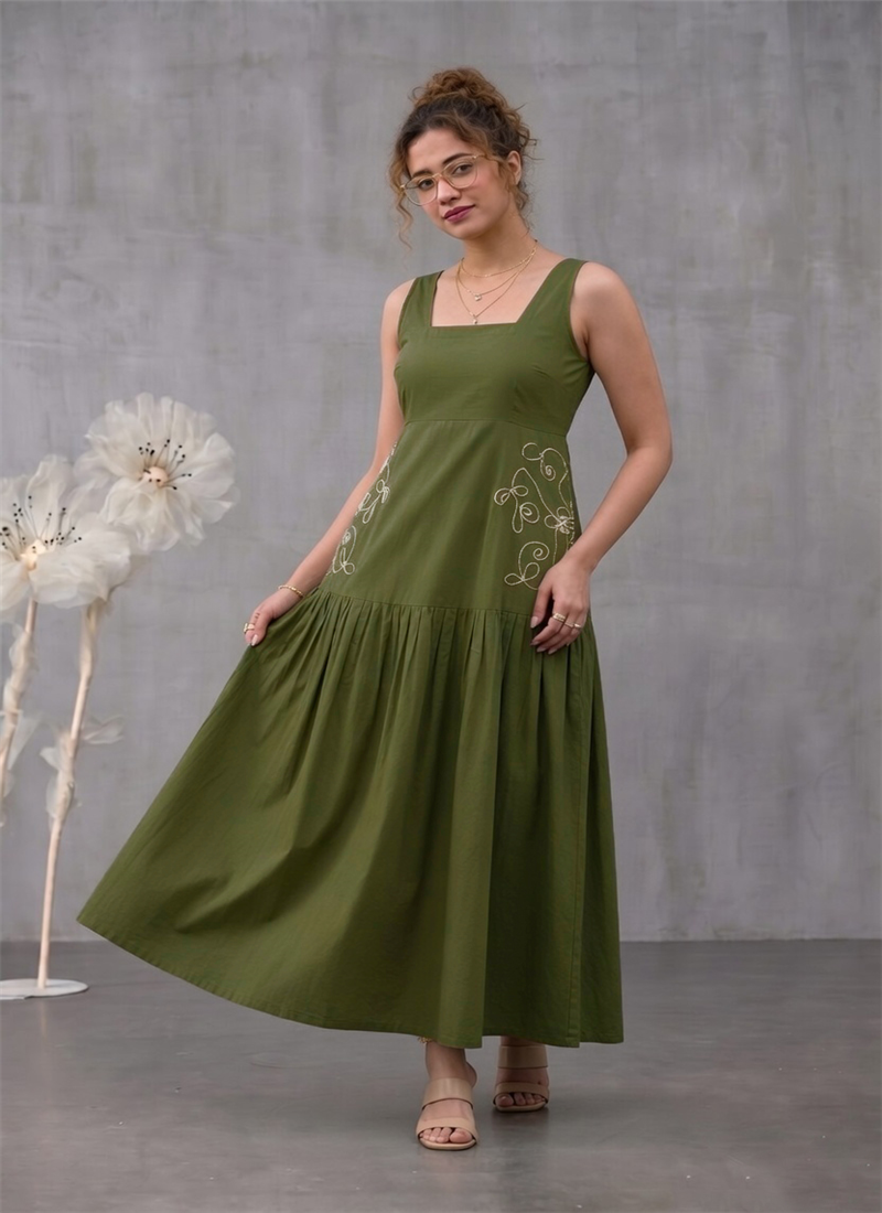 Green Rayon Embroidered Tiered Dress After Six Wear