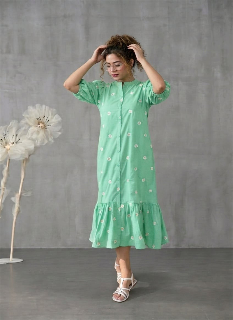 Green Rayon Floral Embroidered Midi Dress After Six Wear