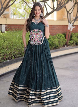 Green Rayon Gamthi Mirror Work Indo Western Navratri Skirt Set